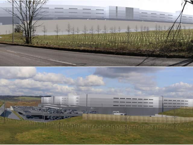 A photo montage of the proposed Amazon warehouse from the A58 Halifax Road. (Image: FPCR Environment & Design)