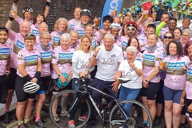 The Jo Cox Way cyclists are greeted in London at the end of their five-day ride from West Yorkshire by Kim Leadbeater and her parents, Gordon and Jean (front)