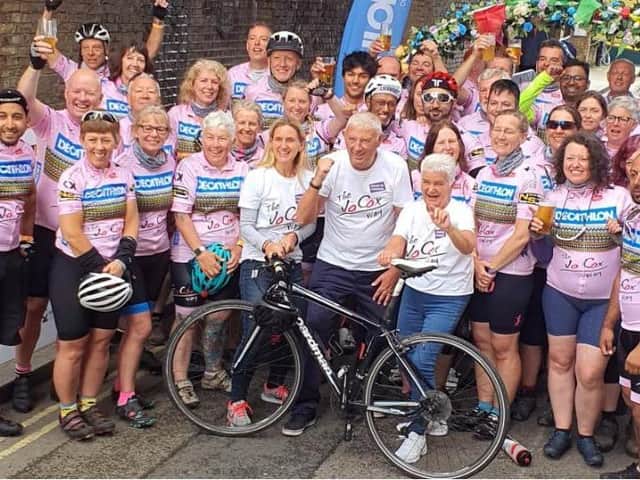 The Jo Cox Way cyclists are greeted in London at the end of their five-day ride from West Yorkshire by Kim Leadbeater and her parents, Gordon and Jean (front)