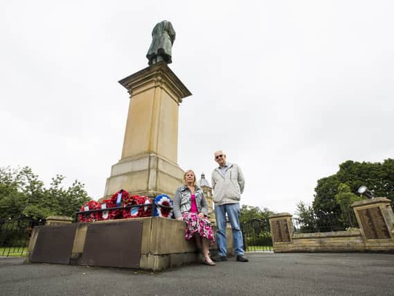 Val Mitchell and Martin James from Batley History Group, at Batley War Memorial.