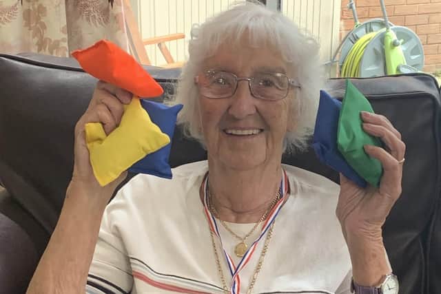 Silver medallist in the bean bag throw, 89-year-old June Stephenson