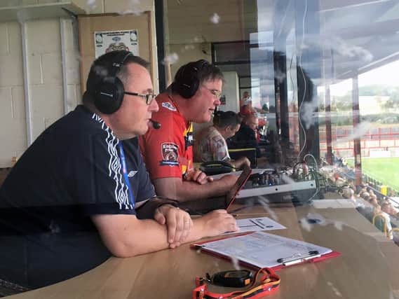 Rugby commentators Rob Farrar (left) and Martin Sharpe in the commentary box at Dewsbury Rams