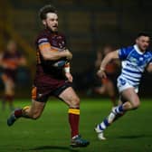 Picture by Ed Sykes/SWpix.com - 20/03/2021 - Rugby League - Betfred Challenge Cup Round 1 - Halifax Panthers v Batley Bulldogs - The Shay Stadium, Halifax, England - Batley Bulldogs’ Jack Logan runs in to score their first try