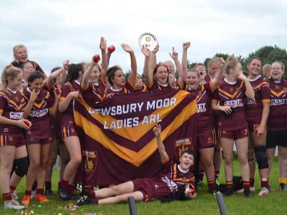 Dewsbury Moor Ladies celebrate winning the Women's RFL League Cup final.