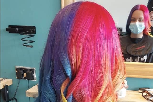 A rainbow hair style created by Katrina