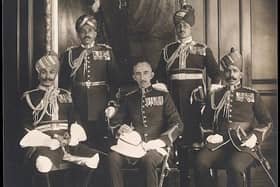 British-Indian Soldiers who served as King's Orderly Officers in England. The photo shows 'Subedar' (Warrant Officer) Abdul Subhan, Mohammad Qadir Khan, Major Anno Khan, and 'Subedar' (Warrant Officer) Wali Mohammad Khan