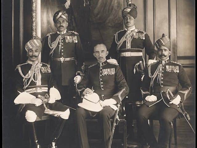 British-Indian Soldiers who served as King's Orderly Officers in England. The photo shows 'Subedar' (Warrant Officer) Abdul Subhan, Mohammad Qadir Khan, Major Anno Khan, and 'Subedar' (Warrant Officer) Wali Mohammad Khan