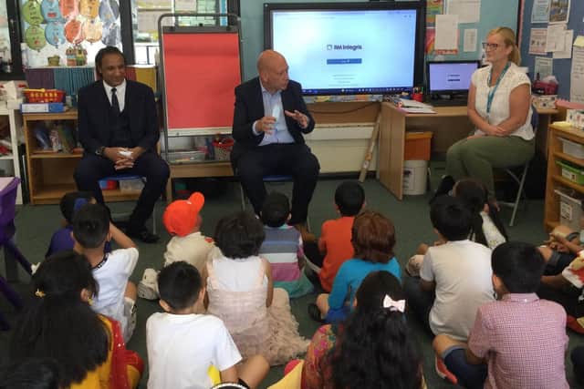 Children of Lavender Class at Pentland Infant and Nursery School with Coun Masood Ahmed, MP Mark Eastwood and Toni Wood, senior technical officer, road safety and school travel