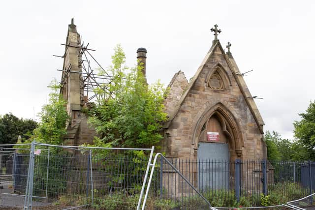 The boarded up twin chapels at Dewsbury Cemetery