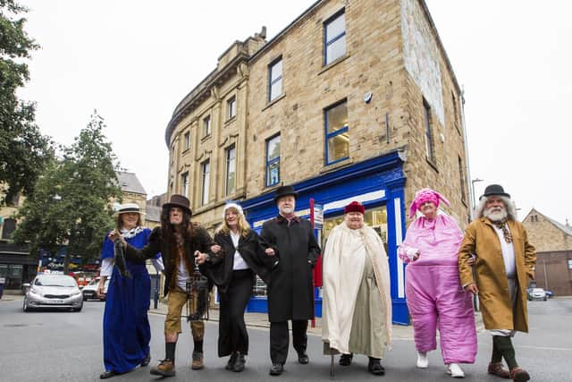 Historical characters prepared for the Heritage Open Days outside Greenwood's, the oldest shop in Dewsbury. From the left, Sue Baker as former Greenwood's owner Doris Burns, Andy Parkin as Ratcatcher, Lindsey Littlewood as a cloth ripper, Bruce Bird as architect Henry Holtom, Brian Lapworth as Sir Thomas de Suthill, Rowena Kyle as the pig and Shaun Carroll as Machel's Mill manager