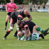 All wrapped up as this Dewsbury Celtic player is grounded in the game against Normanton Knights. Picture: Rob Hare