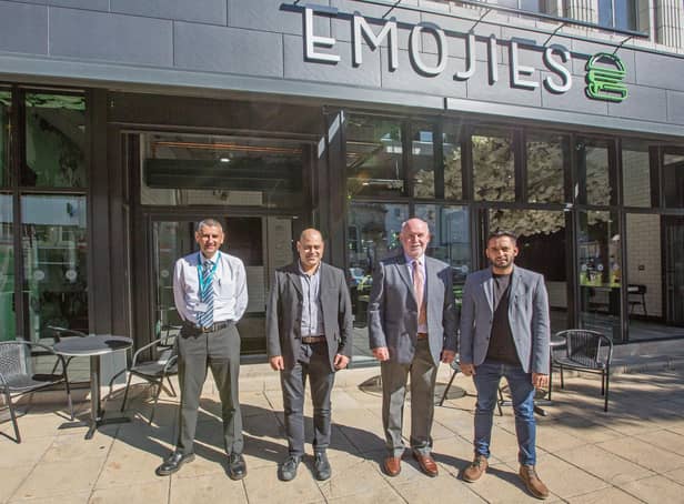 John Lambe, Kirklees project officer; Hamid Dhorat, DK Architecture; Coun Eric Firth, cabinet member for town centres; and Imran Ahmed, owner of Emojies