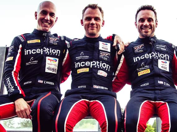 The Inception driving team set to compete in the The Indianapolis 8 Hour event, Brendan Iribe, Kevin Madsen and Ollie Millroy. Picture courtesy of Optimum Motorsport