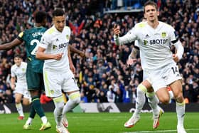 Diego Llorente celebrates his match winning goal for Leeds United against Watford.