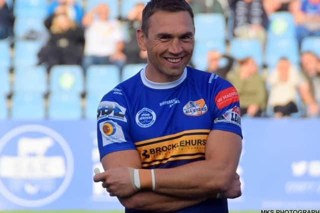 Leeds Rhinos legend Kevin Sinfield wearing the special shirt with the Brocklehurst logo