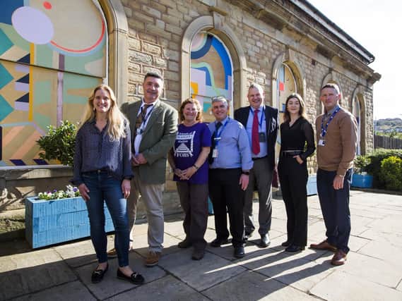 Launch of the street art trail at Batley Train Station. From the left are Batley and Spen MP Kim Leadbeater; Upper Batley High School assistant head teacher Nial Sherrard; Gwen Lowe, chair of the Friends of Batley Station; Northern communities manager Richard Isaac; Northern stakeholder manager Pete Myers; Amy Foster from Creative Scene; and station manager Dean Howard