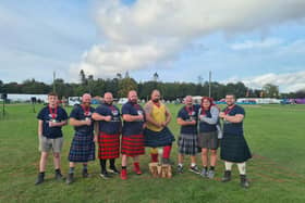 Dave Thornton (in the yellow vest) with fellow competitors at the Norfolk Highland Games