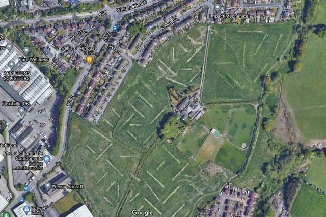 An aerial view of a proposed housing site at Hunsworth, near Cleckheaton, where more than 200 homes are proposed, adding to fears over congested local roads (image: Google)