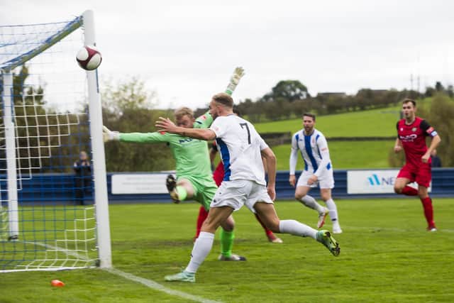 Nicky Walker goes close with a header for Liversedge in their game against Stockton Town. Picture: Jim Fitton