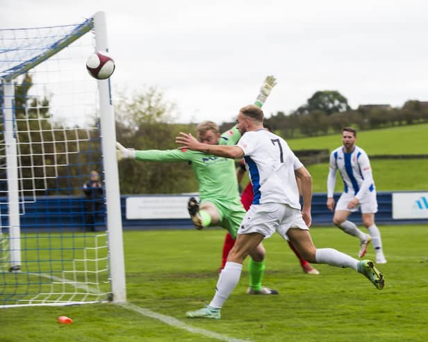 Nicky Walker goes close with a header for Liversedge in their game against Stockton Town. Picture: Jim Fitton