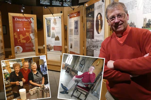Reverend Simon Cash standing in the Minster's Heritage Centre with some exhibition displays in the background showing aspects of Dewsbury's Christian history and, bottom left, with some of the staff standing behind the Refectory Café's counter.