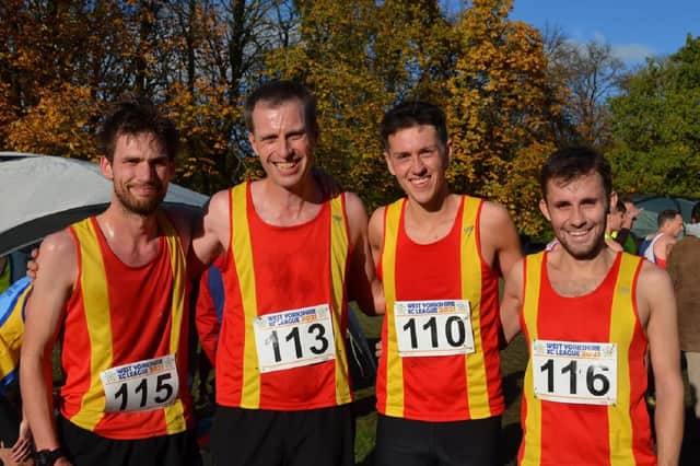Spenborough AC’s Tom Dart, Edward Revell, Joe Sagar and Simon Bolland at the second West Yorkshire Cross Country League event of the season at Nunroyd Park. Picture: Dave Woodhead from Woodentops