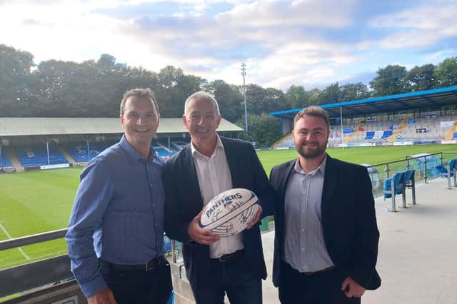 Rugby legend Johh Bentley (centre) with Invictus Wellbeing's Chris Georgiou (left) and  Danny Hutchinson (right)