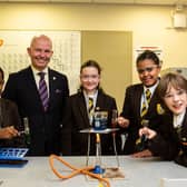 Head teacher Peter Roberts with Year seven science students Nathan Fisseha, Evelyn Hadcastle, Sinit Wolde and Rueben Booth at Heckmondwike Grammar School