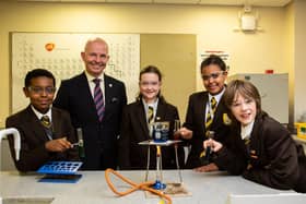 Head teacher Peter Roberts with Year seven science students Nathan Fisseha, Evelyn Hadcastle, Sinit Wolde and Rueben Booth at Heckmondwike Grammar School