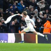 Patrick Bamford wildly celebrates his goal on his return to first team action with Leeds United against Brentford.