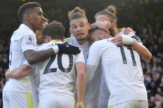 Leeds United players celebrate Tyler Roberts' first goal of the season after he opened the scoring for Leeds United against Brentford.