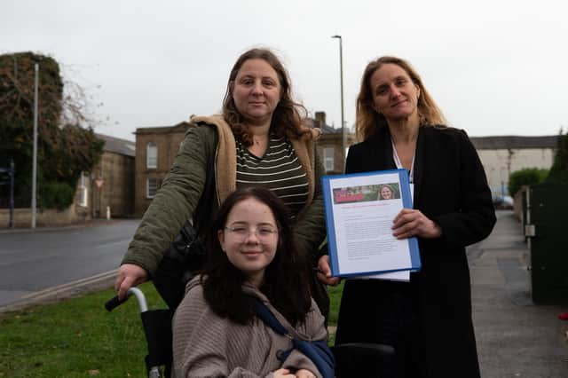 Batley and Spen MP Kim Leadbeater, right, with Nicola and Sarah Kaye, who was knocked down on Station Road, Heckmondwike.
