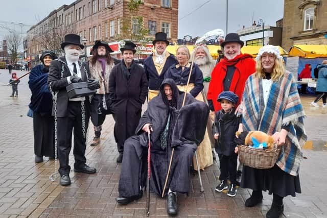 Characters in costume for the Dickensian treasure hunt in the run-up to Dewsbury's Christmas lights switch-on