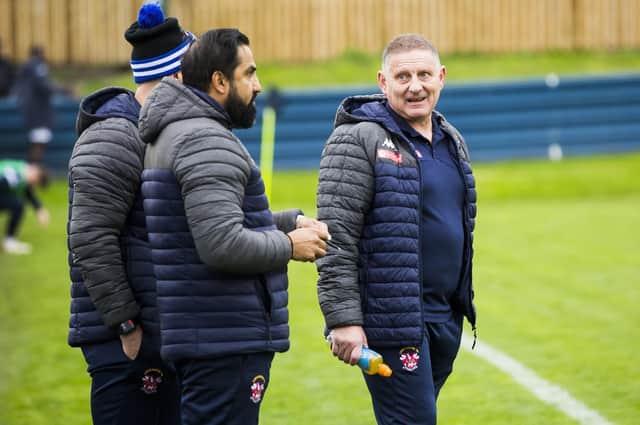 Pav Singh (centre) and the management team are determined that Liversedge will bounce back stronger from the side’s FA Trophy defeat when they get back into action.