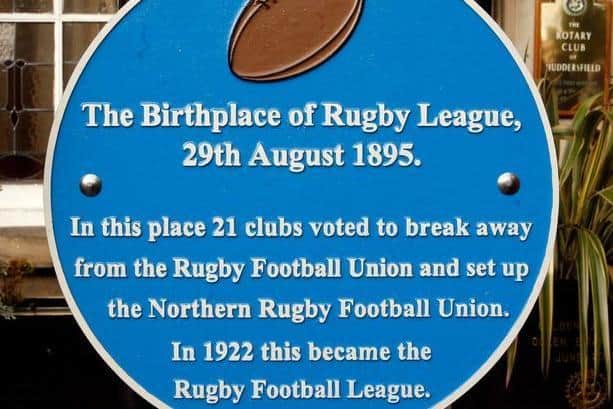 A plaque on the exterior of Huddersfield’s George Hotel detailing its unique link to the origins of rugby league
