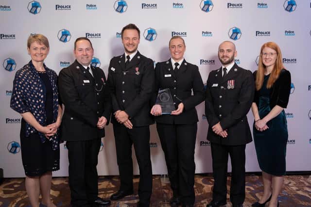 Pictured from the left are Yvette Cooper MP, PC Richard Knowles, PC Daniel Broderick, PC Elizabeth Rook, PC Anthony Dutton and Holly Lynch MP