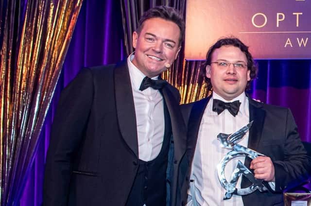 Mirfield-based optometrist Paul Ratcliffe, right, pictured with host Stephen Mulhern, won the Covid Hero award at the industry’s prestigious Optician Awards 2021