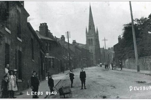 Chequered history: This postcard from Christine Leveridge’s collection shows Leeds Road in Eastborough, Dewsbury