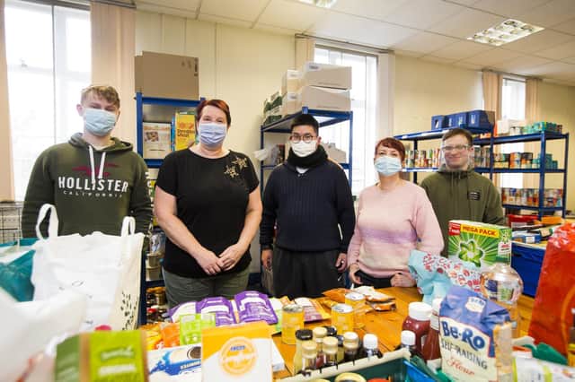 Pictured from the left are Batley Food Bank volunteers Brad Mackinnon, Claire Jennings, Leo Chan, Shirley Tibble and Elder Green
