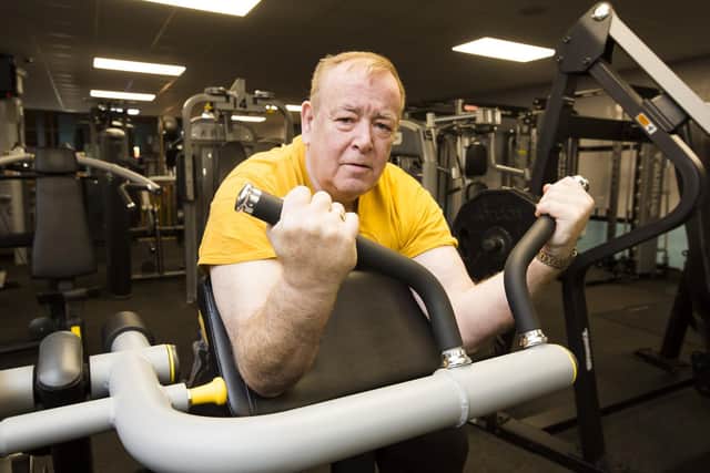 Tim Wood working out at Ellam's Gym for his weight-loss challenge to raise money for a Christmas dinner for veterans at his pub, The Old Colonial, in Mirfield
