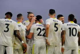 Leeds United players celebrate Jack Harrison's opening goal in the 3-1 win over Burnley.