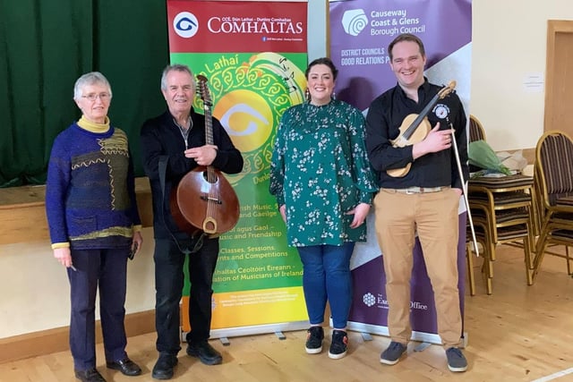 Maureen Gaston from Dun Lathaí CCÉ pictured with Frank Cassidy, Caoimhe Ni Chathail and Johnny Murphy who provided some of the entertainment during the event in Dunloy