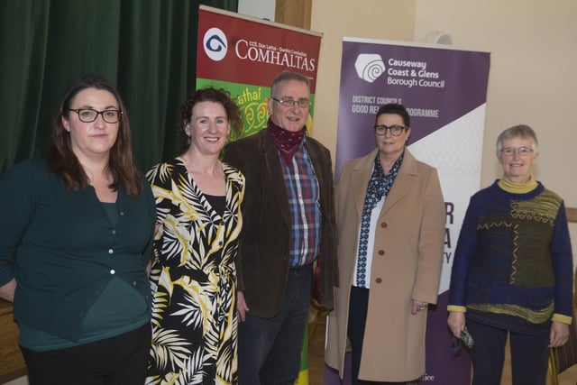 Good Relations Officer Bebhinn McKinley, Gael na Glinntí Irish Language Development Officer Deirdre Goodlad, Ulster Scots writer and broadcaster Liam Logan, Louise Morrow from the Fuse Centre and Maureen Gaston from Dun Lathaí CCÉ pictured at the Hear Here Earrach/Spring event at St Joseph’s Parish Centre in Dunloy