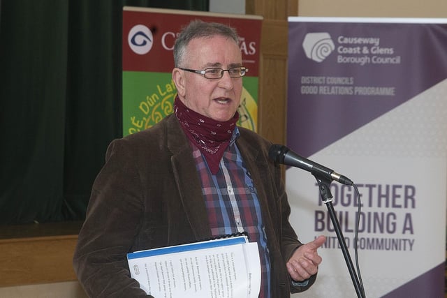 ter Scots writer and broadcaster Liam Logan addresses the audience at the event in Dunloy