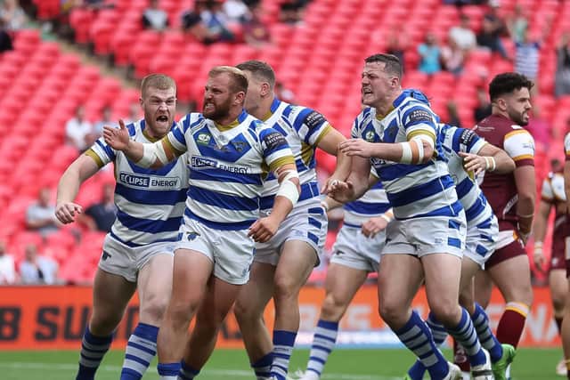 Brandon Moore celebrates his try for Halifax Panthers against Batley Bulldogs in the 1895 Cup Final at Wembley last August. (Photo by Simon Hall).