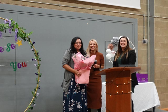 Dr Henna Anwar receiving a gift from Westborough's Senior Progress Leader, Hayley Ashe and head of year Christina Marsden.