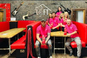 The team at The Loft, Cleckheaton, who are helping to turn the town pink later this month. From left to right: Aaron Frost, Alex Simmen, Ian Conway, Dee Brown, Billie Burch, Abi Simmen and Steven Frost.