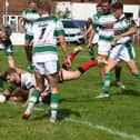 Kieran Hinchcliffe grounds the ball for a try for Normanton Knights against Dewsbury Celtic. Photo by Rob Hare