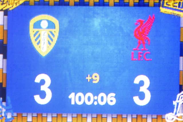 The final score confirms Leeds United's comeback draw against Liverpool.