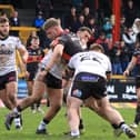 Action from Dewsbury Rams' defeat at home to Widnes Vikings who are kept off top spot by Wakefield Trinity who won at Doncaster. Photo by Thomas Fynn.